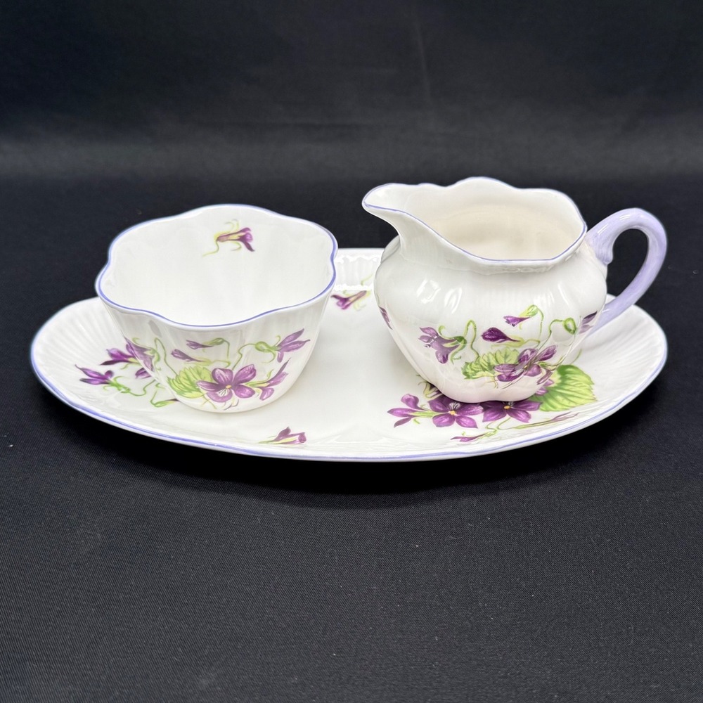 Shelley England Violets Dainty Fine Bone China Creamer Sugar Set with Tray 13821